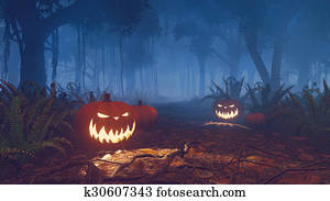 Halloween pumpkins in a misty forest close up Halloween pumpkins in a misty forest close up