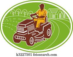 male gardener riding lawn mower set inside an oval. male gardener riding lawn mower set inside an oval.