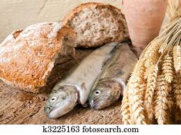 Wine bread and fish