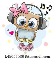 ינשוף, ילדה, עם, אזניות, ו, לבבות