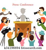לוחץ, conference,, עתונאי, עם, camera,, מצלמת וידאו, ו, מיקרופון