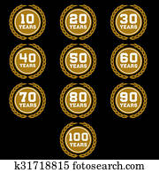10-100, aniversario, guirnalda laurel, icono
