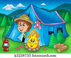 Cartoon scout boy in tent Cartoon scout boy in tent