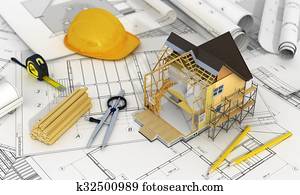 Concept of construction and architect design. 3d render of house in building process with tree, calculator and pencils on the blurred blueprints. We see constituents of roof frame and insulation layer.