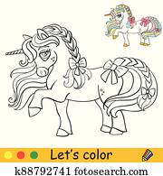 csinos, egyszarvú, noha, gyeplő, színezés, vektor