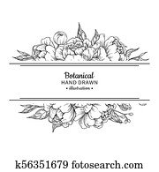 Flower vintage border. Vector peony and roses botanical drawing. Flower vintage border. Vector peony and roses botanical drawing.