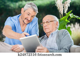 hím, ápoló, kiállítás, valami, fordíts, senior bábu, képben látható, digital tabletta