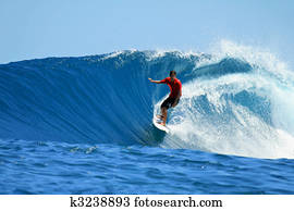 Surfer riding fast on perfect tropical blue wave Surfer riding fast on perfect tropical blue wave