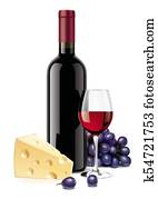 Wine bottle, Cheese, Grapes and Wineglass Wine bottle, Cheese, Grapes and Wineglass