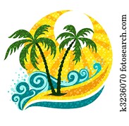 טרופי, דקל, ב, ים, גלים, ו, אור השמש