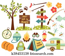 acampamento, hiking, ícones, jogo