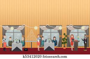 Business people in restaurant flat vector illustration
