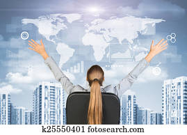 Businesswoman sitting with her hands outstretched against urban background