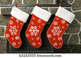 Weihnachten, kaminofen, herd, mit, kranz, und, strümpfe Stock Foto