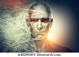 Human man face and dollars double exposure.