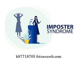 imposter, syndrome.woman, לעמוד, ל, שלה, מתנה, דיוקן, עם, פחד, צל, behind., חרדה, ו, חסר, של, בטחון עצמי, בעבודה, ,the, בן אדם, מזייף, is, מישהו, else, מושג