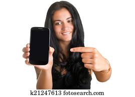 mulher aponta, em, um, telefone móvel mulher aponta, em, um, telefone móvel