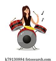 Young woman musician sitting and playing drums vector illustration Young woman musician sitting and playing drums vector illustration