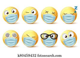 emojis, מסיכת פנים, וקטור, אמוטיכון, set., emoji, פנים, עם, covid-19, מסיכת פנים