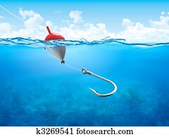 Float, fishing line and hook underwater vertical