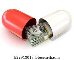 Red pill capsule, with dollars 