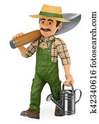 3d, jardineiro, andar, com, um, enorme, pá, e, um, lata molhando