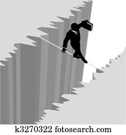Business man walks risk tightrope over cliff drop danger Business man walks risk tightrope over cliff drop danger