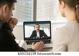 businesspeople, tenencia, reunión en línea, en, computador portatil, elaboración, vídeo, ca