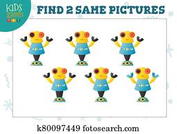 Find two same pictures kids puzzle vector illustration. Find two same pictures kids puzzle vector illustration.