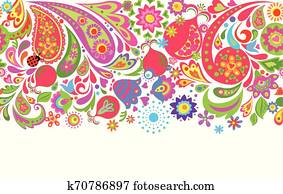 Floral seamless ethnic border with colorful abstract flowers, pomegranate and paisley for textile design on white background Floral seamless ethnic border with colorful abstract flowers, pomegranate and paisley for textile design on white background