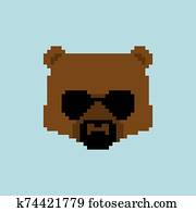 fresco, oso, pixel, art., oso pardo, cara, 8, bit., bestia, cabeza, pixelate, vector, ilustración