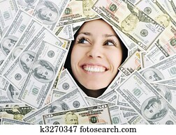 mulher olha, trought, buraco, ligado, dinheiro, bacground