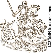 Saint George knight and the dragon doen in black and white Saint George knight and the dragon doen in black and white