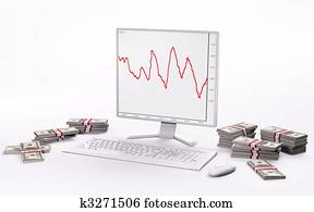 weiß, lcd, tastatur, maus, und, stapel, von, dollar, 3d