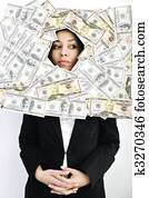 woman looking trought hole on money bacground