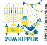 Yom Kippur greeting card with candles, apples and shofar and sybols. Jewish holiday background. illustration on white. Translation in Enhlish of atonement day. Yom Kippur greeting card with candles, apples and shofar and sybols. Jewish holiday background. illustration on white. Translation in Enhlish of atonement day.