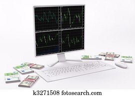 白色, lcd, 鍵盤, 老鼠, 美元, 以及, 歐元, 3d