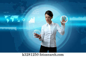 Attractive brunette navigating futuristic interface