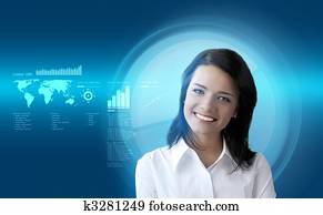 Happy smiling brunette futuristic interface Happy smiling brunette futuristic interface