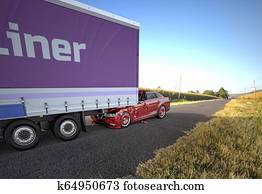Two cars accident. A red sedan crashed against the back of a big truck. Two cars accident. A red sedan crashed against the back of a big truck.