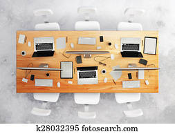 draufsicht, von, sitzungstisch, mit, büro, accessoirs, und, computer