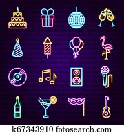 fiesta de cumpleaños, neón, iconos
