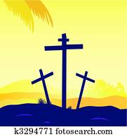 jesús, crucifixión, -, calvary, escena, con, tres, cruces
