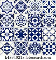 Seamless Tiles Pattern, Mediterranean Floral Mosaic Set, Lisbon Seamless Navy Blue Ornament Seamless Tiles Pattern, Mediterranean Floral Mosaic Set, Lisbon Seamless Navy Blue Ornament