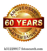 60, años, aniversario, dorado, etiqueta, con, ribbon.