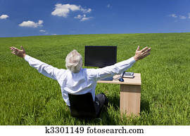 Businessman Celebrating Arms Raised At Desk In Green Field