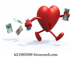 heart with arms and legs run away with money