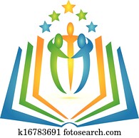 könyv, és, diákok, csapatmunka, jel