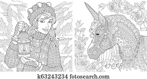 színezés, apródok, noha, tél, nő, és, egyszarvú