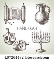 Hand drawn sketch Hanukkah elements set. Israel festival objects and symbols. Vector illustration Hand drawn sketch Hanukkah elements set. Israel festival objects and symbols. Vector illustration